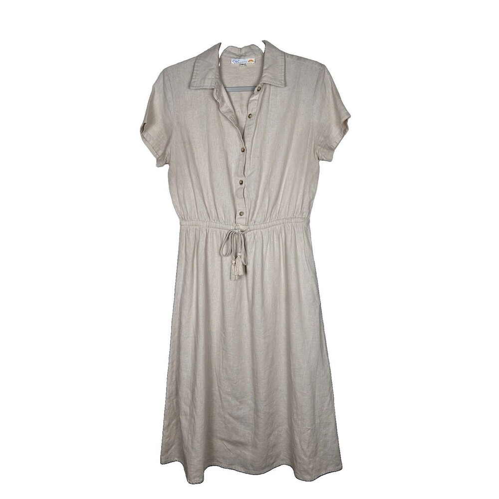 C & C California Linen Blend button shirt dress adjustable waist classic Sz S
